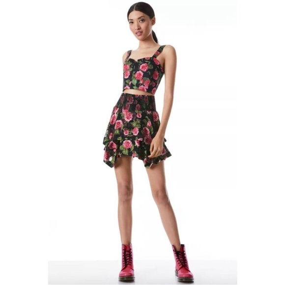 Alice + Olivia ​Zarya Asymmetrical Smocked Mini Skirt Size 0 NWT - Picture 1 of 11